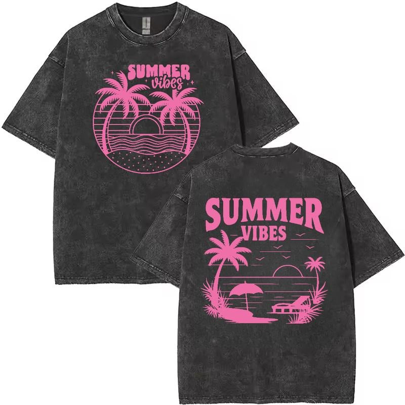 Casual Washed T - Shirt Evoking Relaxing Summer Days: Vintage - inspired Beach Scene for a Laid