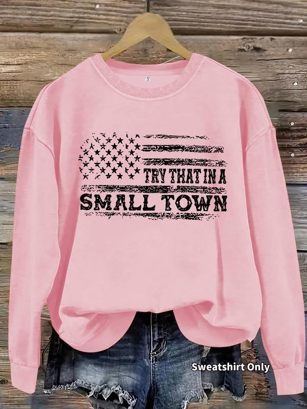Casual Women's Long Sleeve Pullover Sweatshirt with American Flag Print, Fitted Style for Fall & Winter, Comfortable...