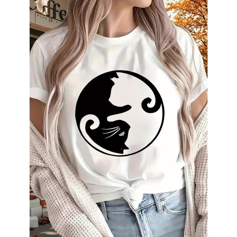 Cat 2025 New Women'S Printed T-shirt, Short Sleeves, Four Seasons Can Be Worn for Outdoor, Home, Sports Top Gift Hoodie,...