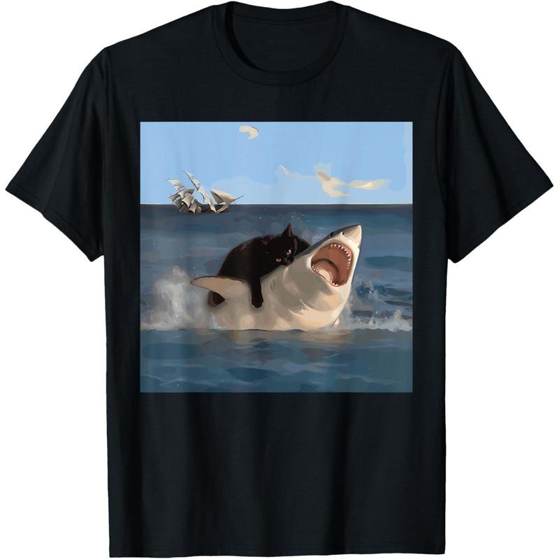 Cat Biting Shark Humorous Playful Funny Cat and Shark T-Shirt, Small, Black Hoodie, Sweatshirt | UrbanDripWear.com