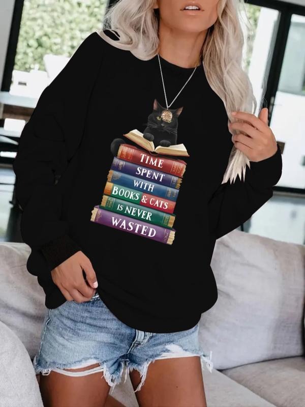 Cat Book Illustration Warm Sweatshirt, Graduation Long Sleeve Top, Back-To-School Clothing, Women Teacher, Fall & Winter...