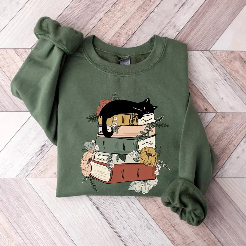 Cat Book Sweatshirt, Books And Cats Hoodie Reading Shirt, Cat Lover Tshirt Gift For Cat Lover, Gift For Book Lovers, Book...