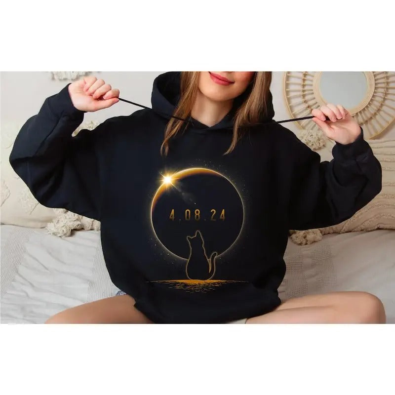 Cat Eclipse Watching Sweatshirt, Total Solar Eclipse 2024 Hoodie, April 8 2024 T-Shirts | UrbanDripWear.com