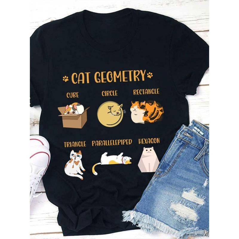Cat Geometry Cute Cat Icon Teacher T Shirt, Women'S Casual Round Neck T-Shirt Hoodie, Sweatshirt | UrbanDripWear.com