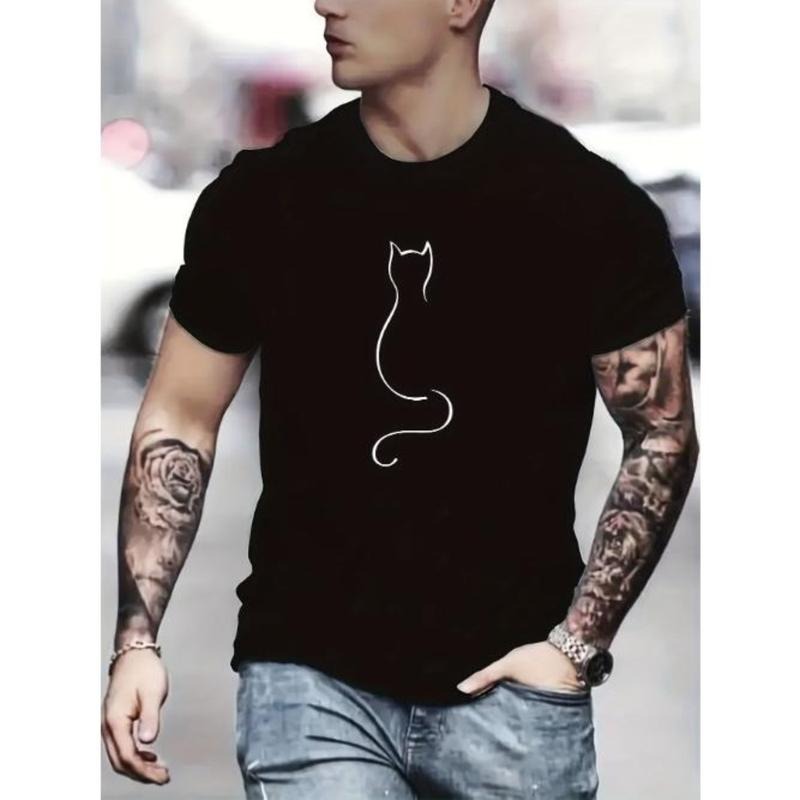 Cat Lovers Delight - Unique Cat-Themed Simple Line Pattern Mens T-Shirt for Hot Summer Outdoor Activities