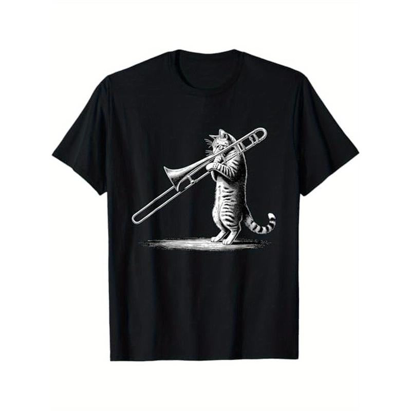 Cat Playing Trombone Player Trombonist Instrument T-Shirt, 100% Cotton, Gifts for Men Dad Husband Grandpa, S-XXXL, Black ...
