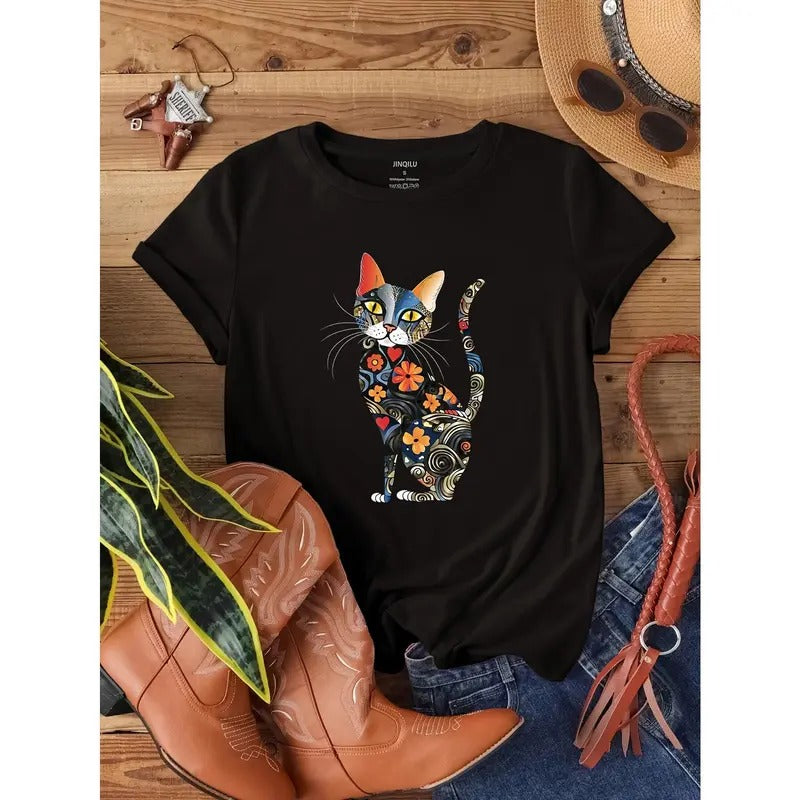 Cat Print Crew Neck T-Shirt, Casual Short Sleeve T-Shirt For Spring & Summer, Women's Clothing style 02 Hoodie, Sweatshirt