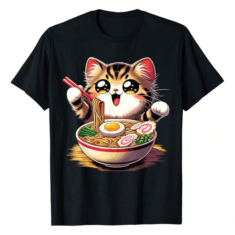 Cat Ramen Noodles Anime Kawaii Japanese Cat T-Shirt, 220g Pure Cotton, Casual Crew Neck, Great For Stylish Looks And...