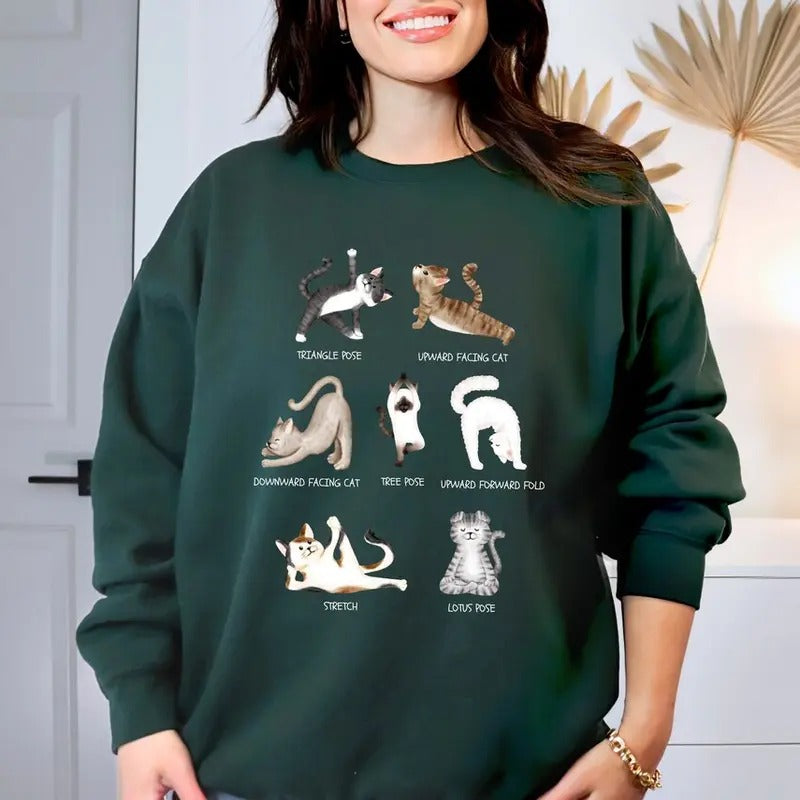 Cat Yoga Poses Sweater, Namaste Yoga Cat Sweatshirt, Cute Yogi Cat Longsleeve, Meditation Cat Crewneck T-Shirts, Hoodie