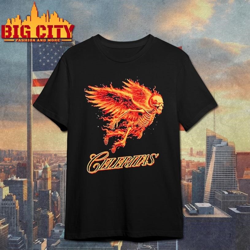 Celeritas Est 2026 Flaming Angel Skeleton Wings Speed Graphic Shirt
