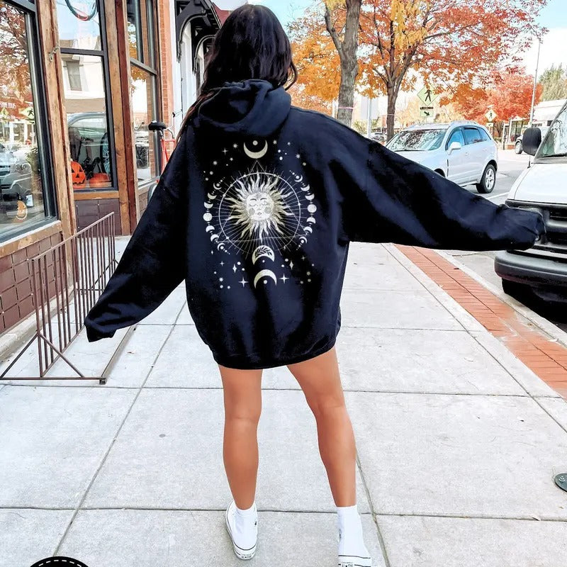Celestial Boho Sun & Moon Phase Hoodie, Back Print Whimsigoth Sweatshirt, Spiritual Hoodie T-Shirts | UrbanDripWear.com