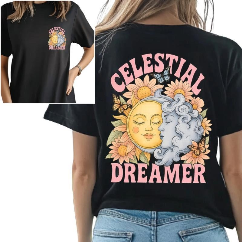 Celestial Dreamer Tee - Aesthetic Cosmic T-Shirt with Moon & Stars Graphic - Soft Cotton Blend - Unisex Fit - Perfect for...