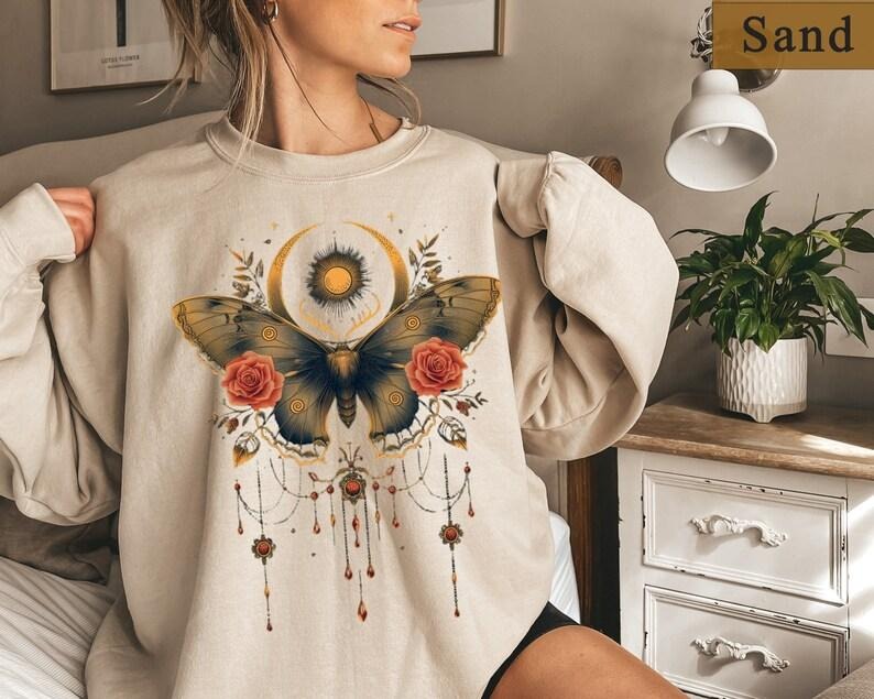 Celestial Moth Shirt, Butterfly Sweatshirt, Nature Lovers Shirt, Spring Shirt For Women,Floral Moth Sweatshirt, Aesthetic...