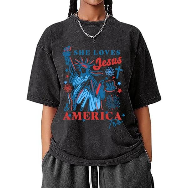 Channel American - Inspired Retro! This women's washed T - shirt, with its iconic Statue of Liberty and patriotic -...