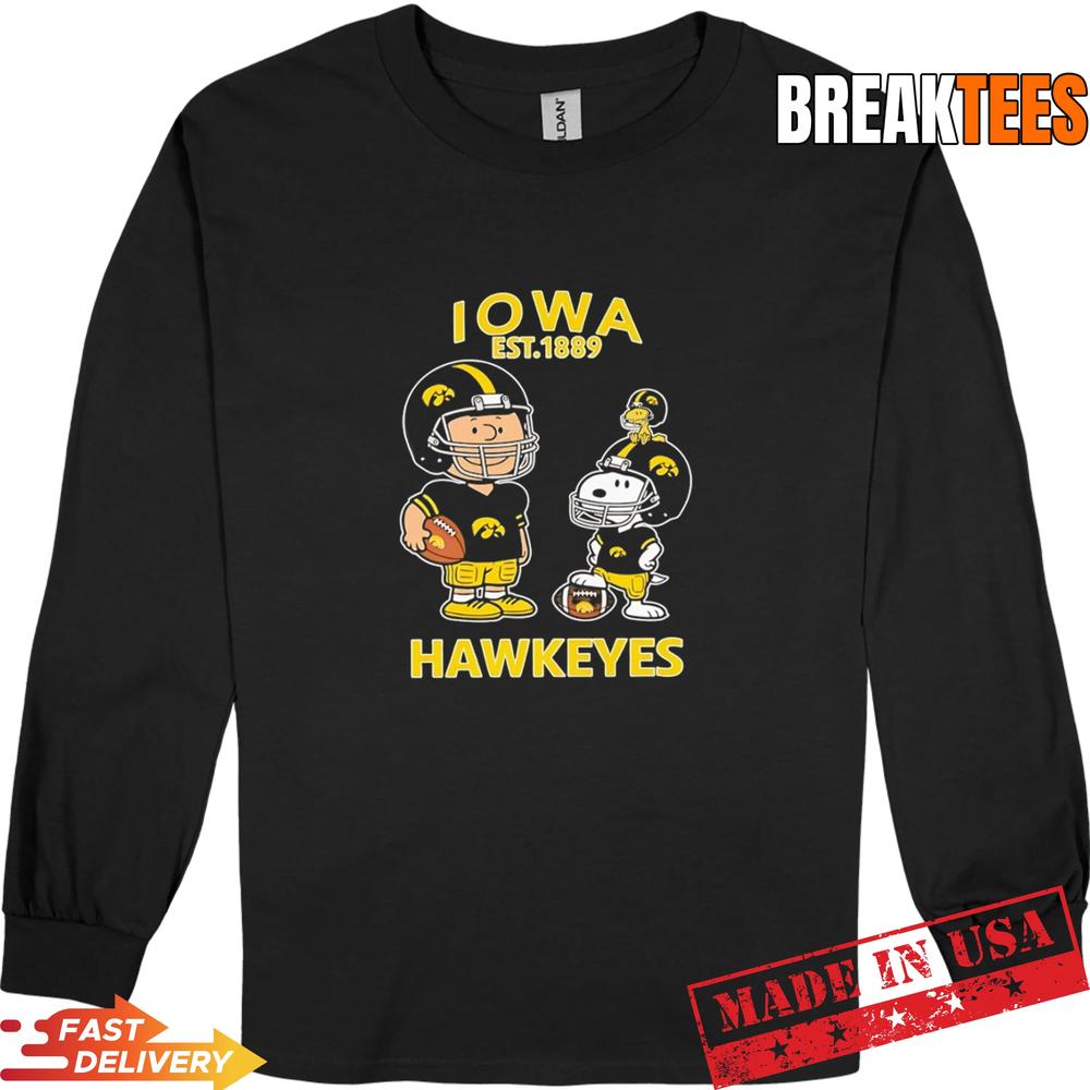 Charlie Brown Snoopy and Woodstock wearing Iowa Hawkeyes jersey NFL est 1889 T-Shirt