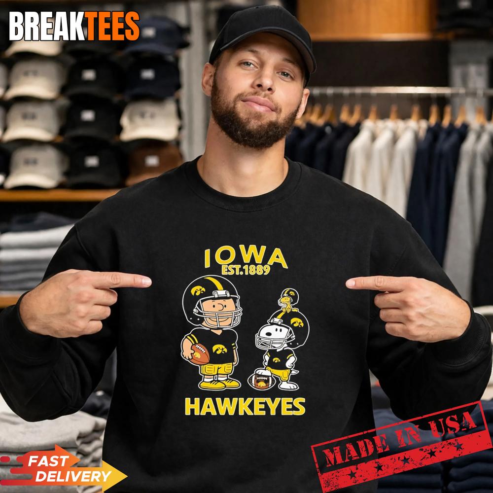 Charlie Brown Snoopy and Woodstock wearing Iowa Hawkeyes jersey NFL est 1889 T-Shirt