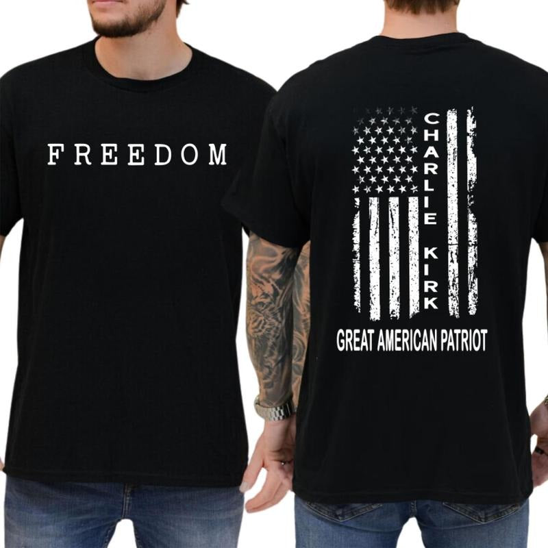 Charlie Kirk Great American Patriot  TShirt, Memorial Tribute Tee with US Flag Graphic, Pray for Charlie Kirk Shirt,...