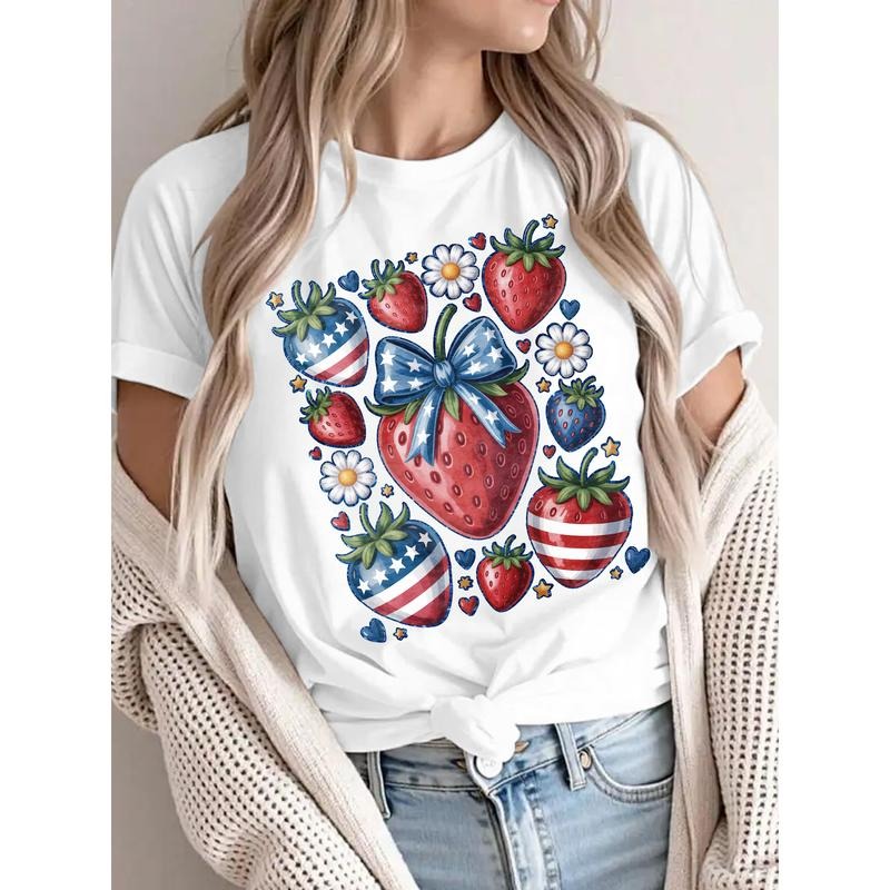 Charming T - Shirt Featuring American - inspired Strawberries, Bow
