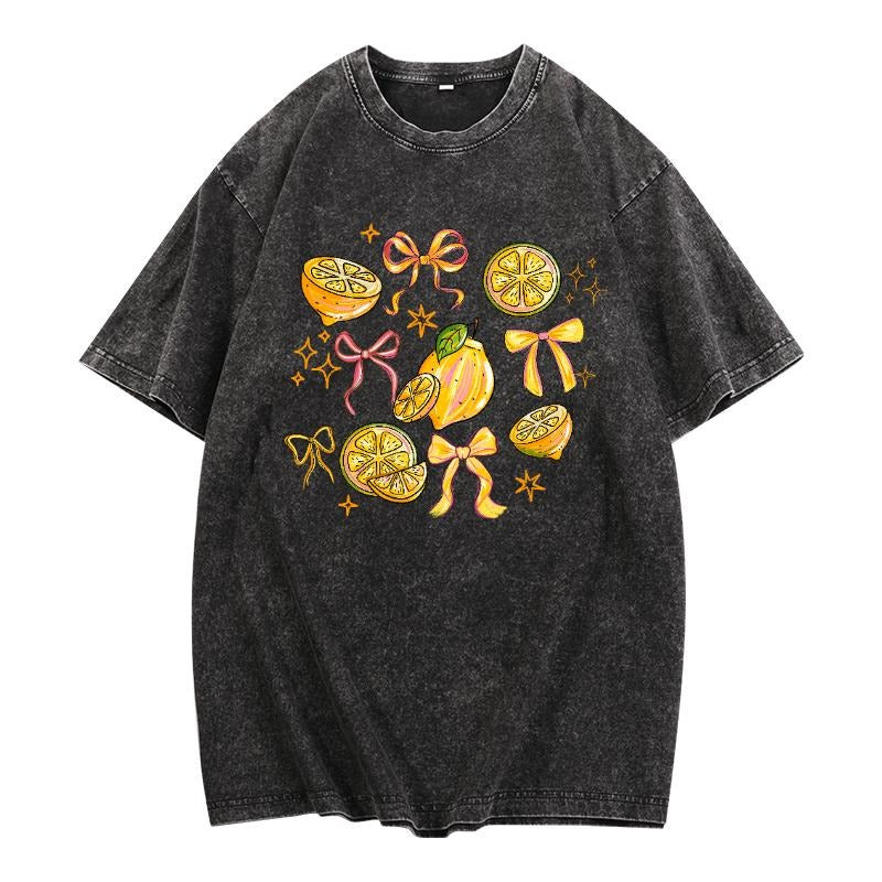 Charming Washed T - Shirt: Adorned with Delightful Lemon and Bow Designs Hoodie, Sweatshirt | UrbanDripWear.com