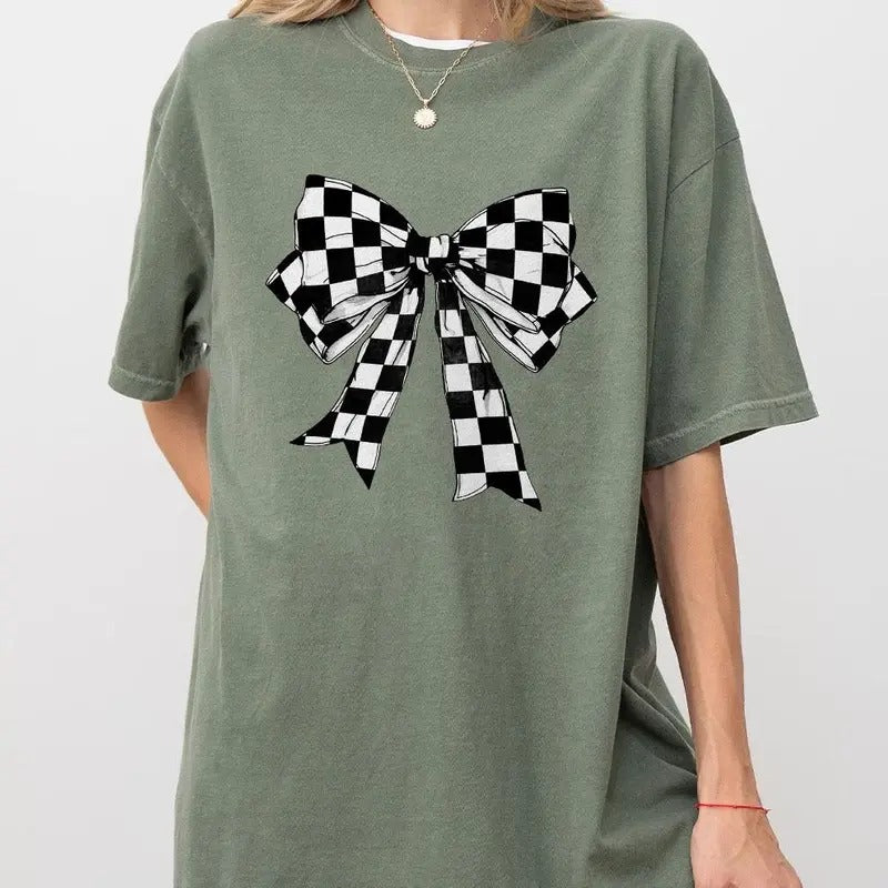 Checkered Coquette Bow Shirt, Retro Shirts For Women, Coquette Gift for Her, Coquette Mom Shirt, Coquette Mama T-Shirt,...