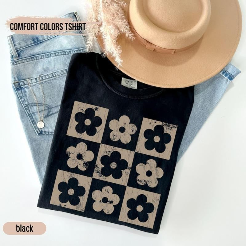 Checkered Flowers Shirt, Boho Floral TShirt Gift For Mom, Floral,Trendy Shirts,Unisex Shirt,  funny graphic tees, vintage...