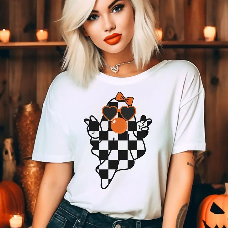 Checkered Ghost Tee Family Ghost Tshirt Halloween Boy Ghost Top Halloween Girl Ghost T-Shirt Unisex Halloween Tees Family...