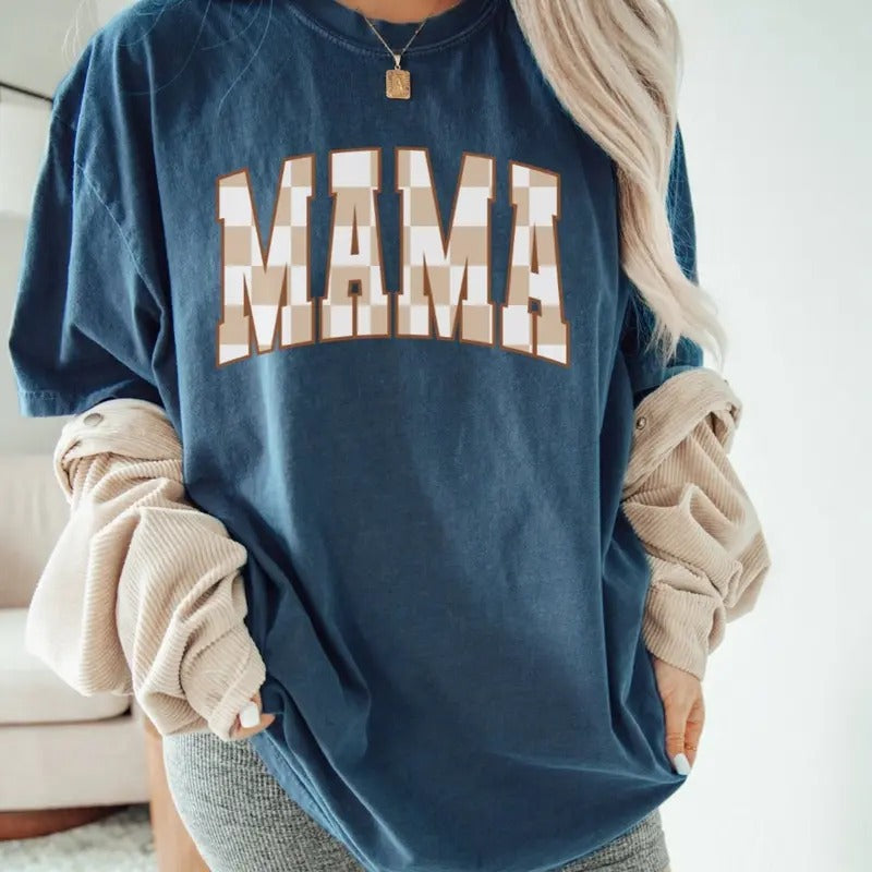 Checkered Mama Shirt, Boho Mama Shirt, Cute Mom Shirt, Varsity Letter Mama Shirt, Mothers Day Gift Hoodie, Sweatshirt