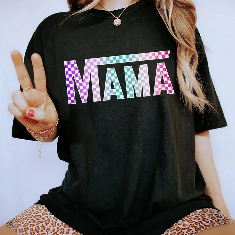 Checkered Mama Vintage Tee, Checkered Lover Graphic Tee Women, Checkered Mom Unhinged Shirts For Women, Colored Checkered...