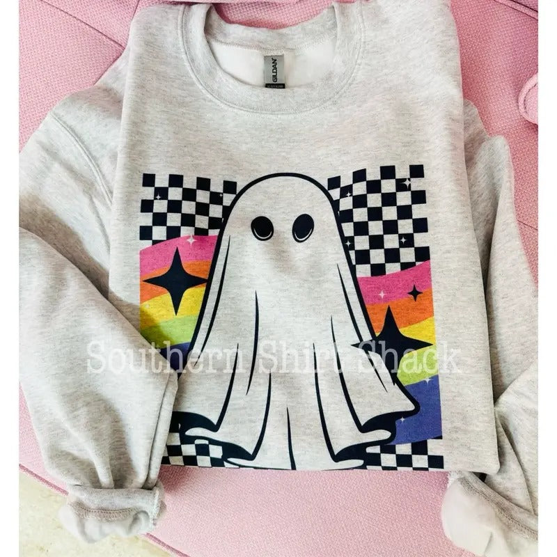 Checkered Rainbow Ghost Sweatshirt | Halloween Sweatshirt T-Shirts, Hoodie | UrbanDripWear.com