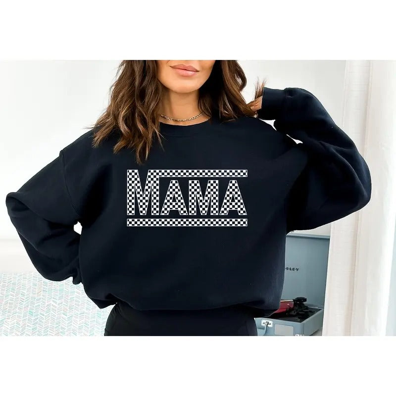 Checkered Retro Mama Sweatshirt Varsity Mom Crewneck Mother's Day Gift Retro Shirt TK62GN Hoodie | UrbanDripWear.com