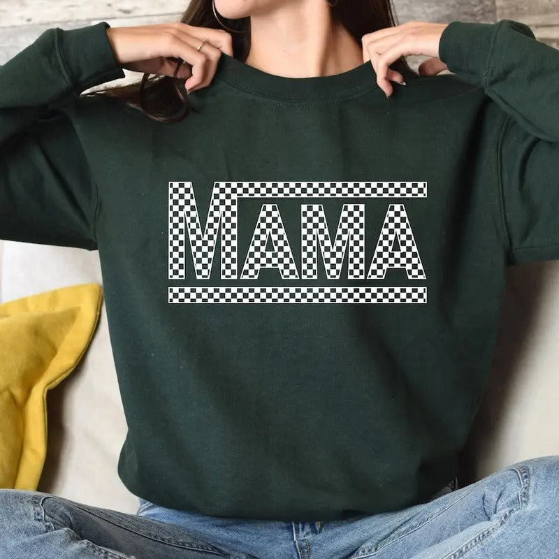 Checkered Retro Mama Sweatshirt Varsity Mom Crewneck Mother's Day Gift Retro Shirt Hoodie | UrbanDripWear.com