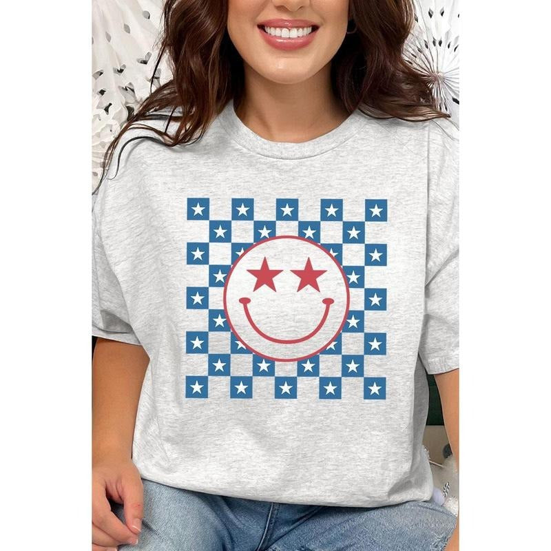 Checkered Retro Patriotic Smile Short Sleeve Relaxed Fit T-Shirt Hoodie, Sweatshirt | UrbanDripWear.com