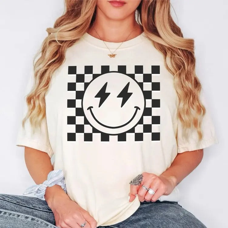 Checkered Smiley FaceT- Shirt, Retro Happy Face Tee, Vintage Checkers Shirt, Lightning Bolt Tee, Happy Shirt, Graphic...