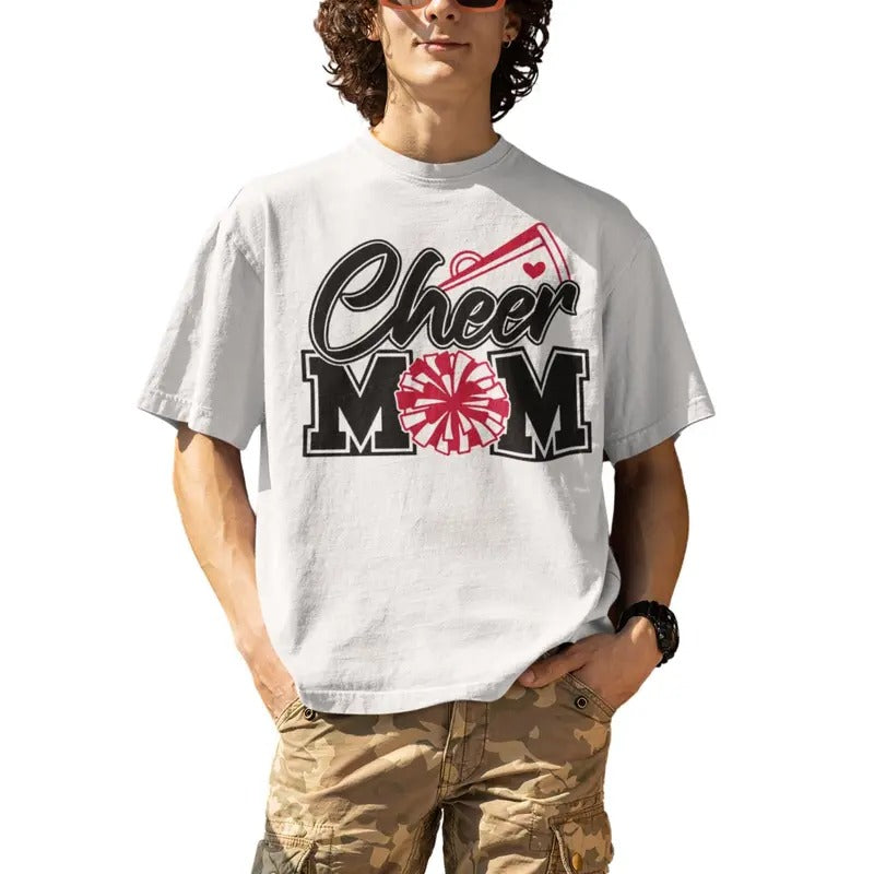 Cheer Mom Biggest Fan Print Black And Red Pom Pom T-Shirt Hoodie, Sweatshirt | UrbanDripWear.com