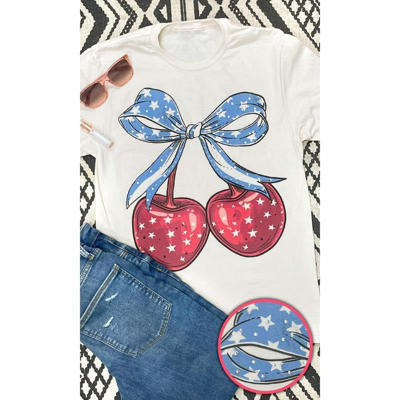Cherry Bow Americana Rhinestone Graphic T-Shirt Natural Hoodie, Sweatshirt | UrbanDripWear.com