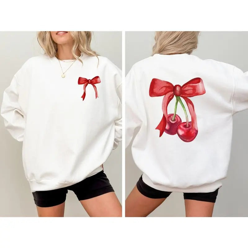 Cherry Bow Sweatshirt, Bow Sweatshirt, Aesthetic Sweatshirt, Ribbon Trend, Valentine Sweatshirt, Coquette Design, Trendy...