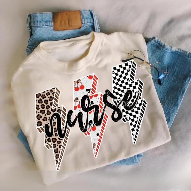 Cherry Leopard Checkered Nurse Shirt, Nurse Lightning Bolt Tee, Cute Fall Nurse Shirt, Retro Nurse, Nurse Life, Gift For...