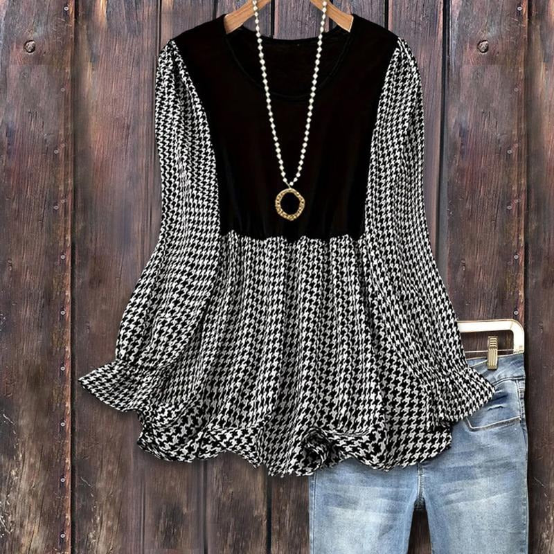 Cherrybetty Houndstooth Print Ruffle Sleeve Top Casual Womenswear Shirts Elegance Soft Cute Fall Outfits Blouses Chic...
