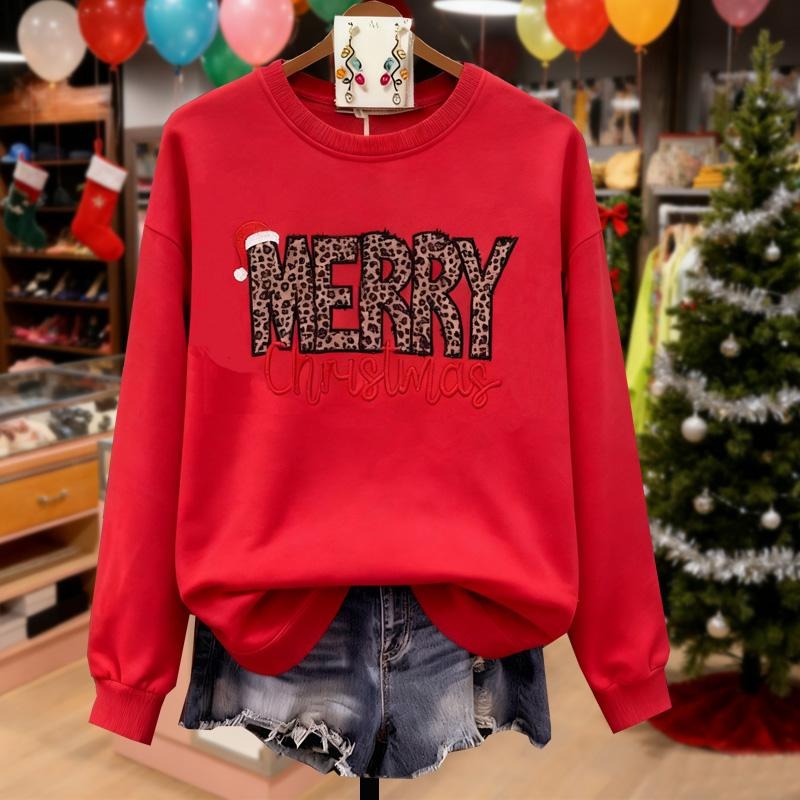 Cherrybetty Leopard Merry Christmas Embroided Long Sleeve 100%Cotton Sweatshirts Womenswear Tops  Women Crewneck...