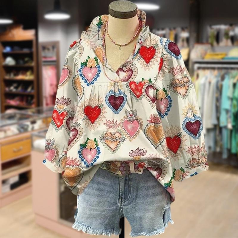 Cherrybetty Vintage Heart Print V-Neck Bubble Sleeve Valentine's Day Blouse Women's Clothes Plussize Going Out Tops...