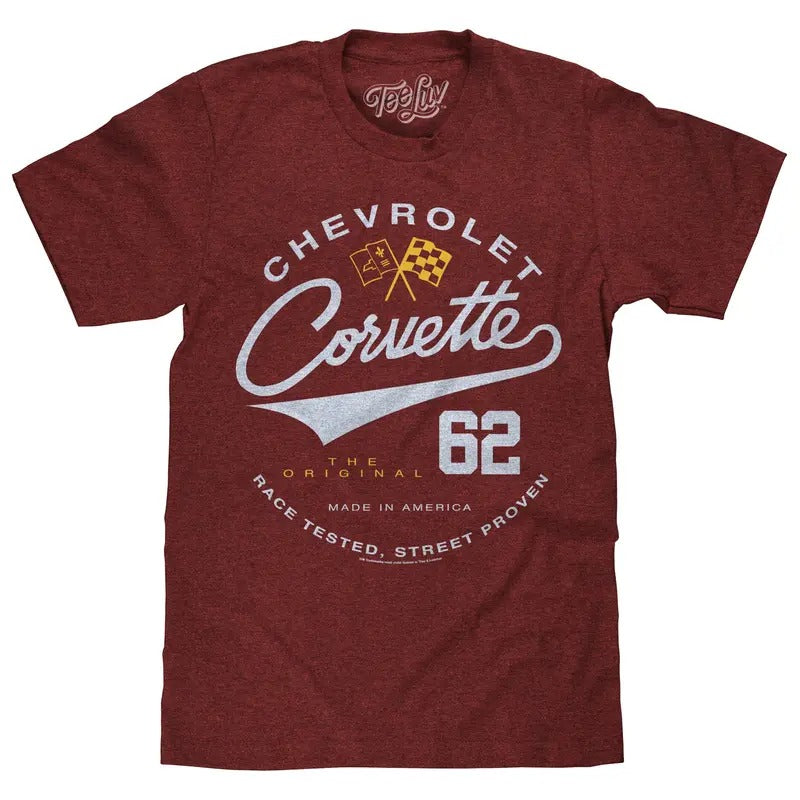 Chevrolet Corvette 62 Race Tested Street Proven T-Shirt - Crimson Heather Hoodie, Sweatshirt | UrbanDripWear.com