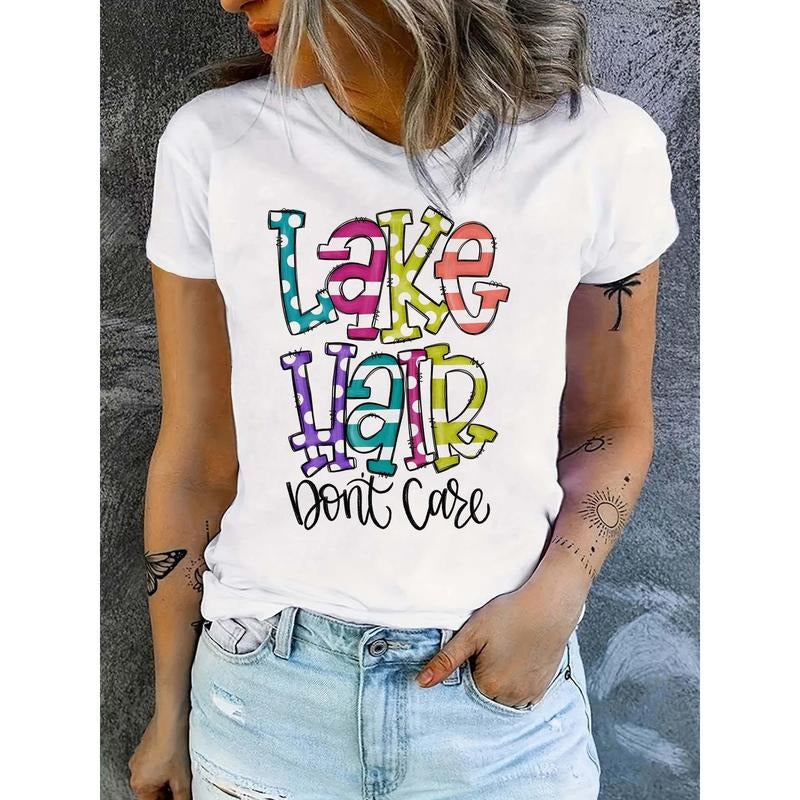 Chic Lake Hair Letter Print T-Shirt for Women