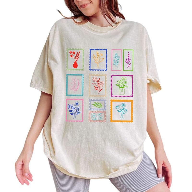 ChicCotton Flower Postage Stamps Comfort Colors Shirt, Coquette T-shirt, Wildflower Graphic Tee, Floral Clothing, Gifts...