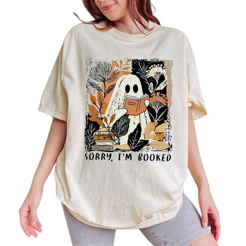 ChicCotton Retro Sorry I'm Booked Comfort Colors Shirt, Vintage Bookish Autumn Ghost T-shirt, Cute Ghost Reading Graphic...