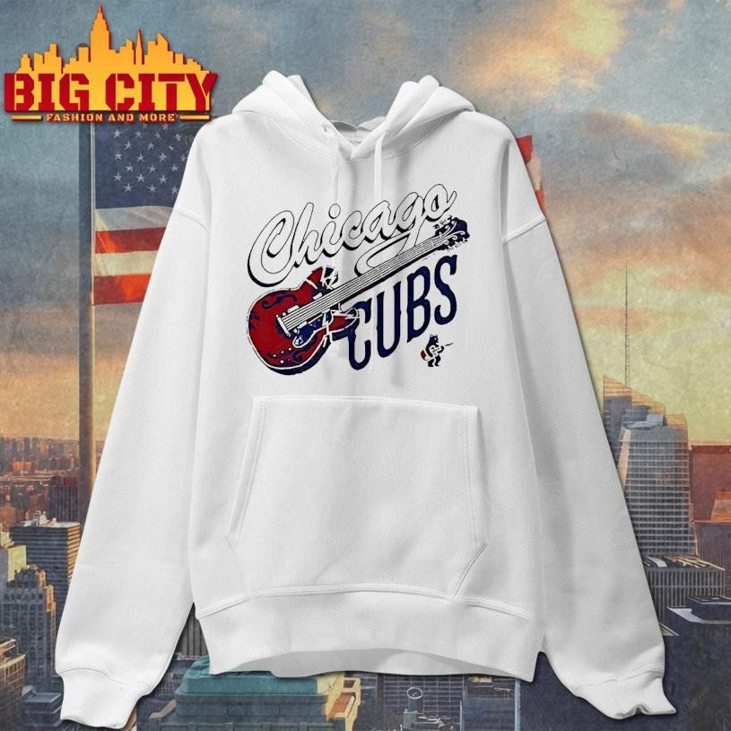 Chicago Cubs Red Electric Guitar With Lightning Bolts And Small Bear Playing Music Shirt