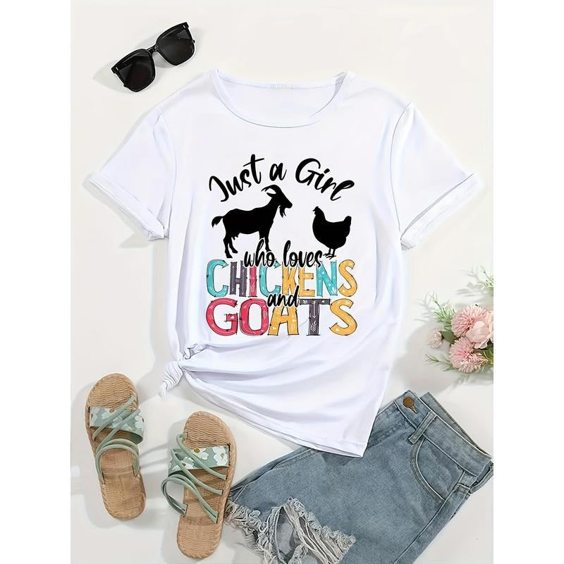 Chicken and Goat Cute and Fun Printed Round Neck Short sleeved Women'S T-shirt Hoodie, Sweatshirt | UrbanDripWear.com