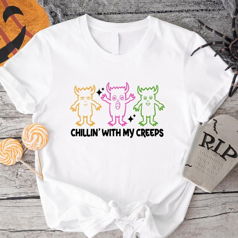 Chillin' With My Creeps T-Shirt, Unisex Halloween Vibes Shirt, Funny Boo Tee, Spooky Season Gift Tee Hoodie, Sweatshirt