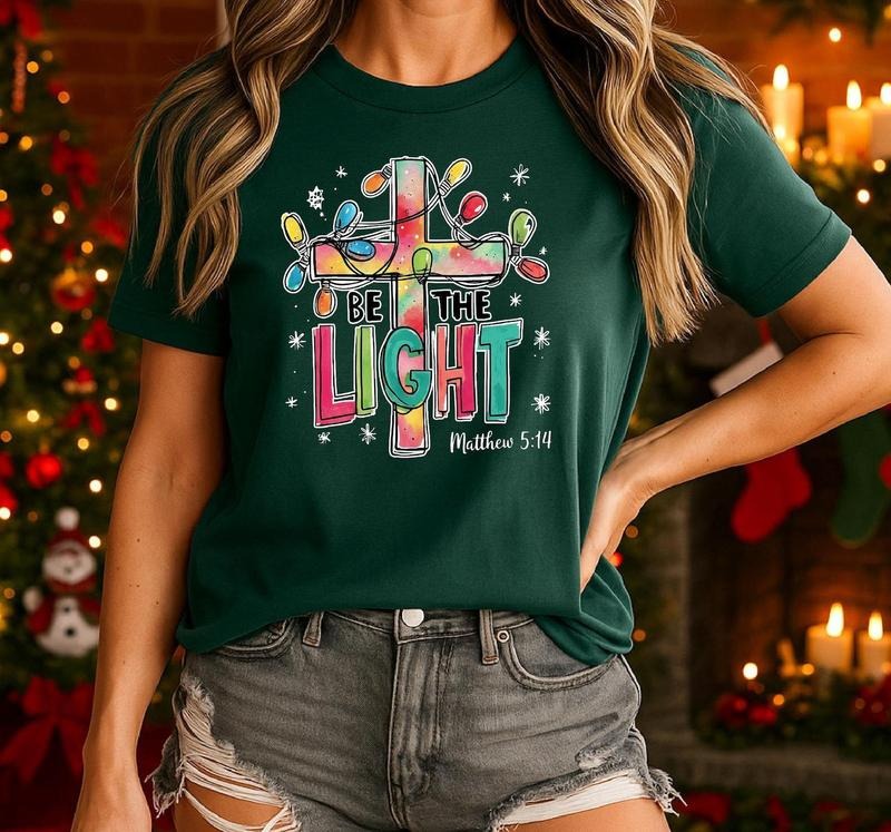 Christian Christmas Shirt Be The Light Inspirational Christian Shirt, Colorful Cross Xmas Shirt For Women Bible Verse...