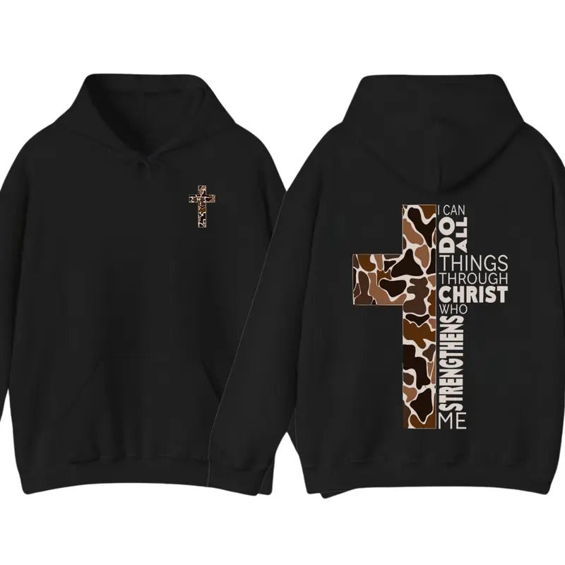Christian Hoodie Sweatshirt T shirt- Camo Cross Design with Philippians 4:13 Verse, Perfect for Faithful Believers and...