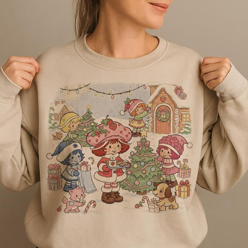 Christmas Berry Cartoon Sweatshirt, Cute Holiday Fruit Clipart Sweatshirt Kawaii Friendship Illustration Sweatshirt...